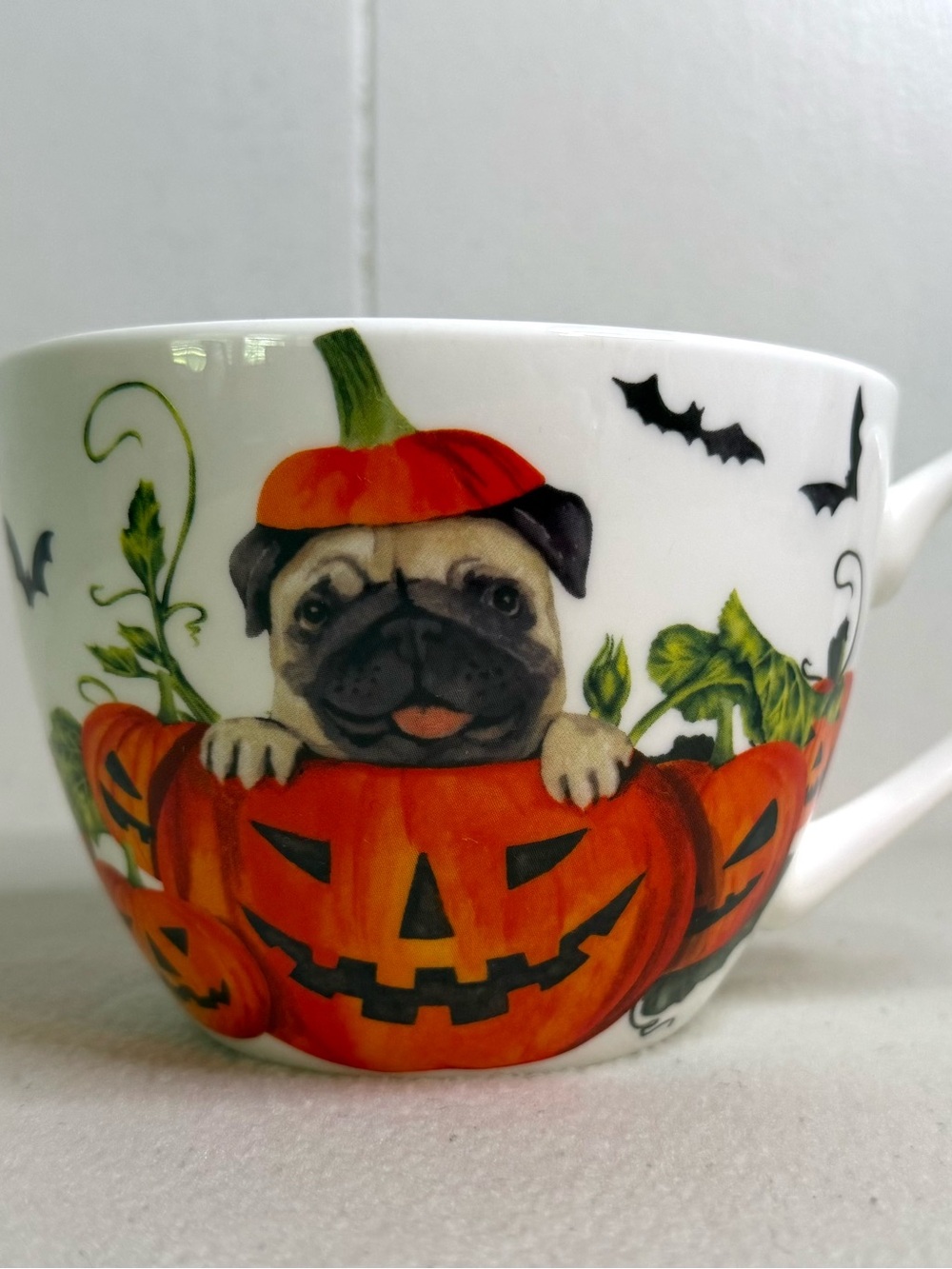 Halloween Pumpkin Pug Bone China Large Cup (Orange)